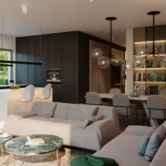 Nowoczesne, jasne wnętrze z kuchnią, jadalnią i salonem. Marmurowa wyspa, szare sofy, designerskie lampy.
