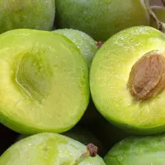 Zielone renklody, jedna przekrojona na pół, ukazująca pestkę, pokryte kroplami wody.