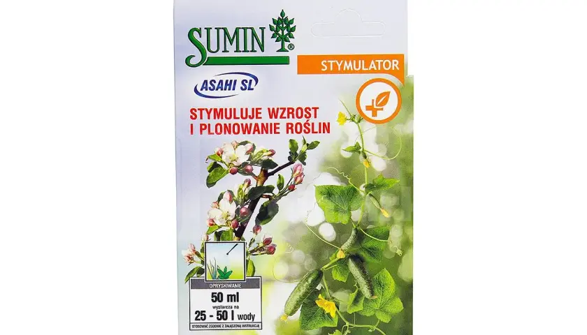 Opakowanie stymulatora wzrostu roślin Asahi SL z wizerunkiem kwitnącej jabłoni i ogórków.