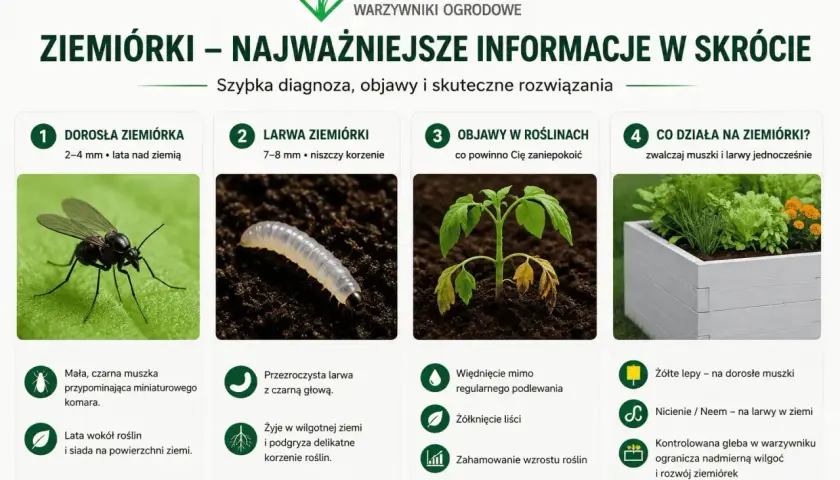 Dorosła ziemiórka i jej larwa, objawy w roślinach i metody zwalczania. Nicienie/Neem na larwy w ziemi to skuteczne rozwiązanie.