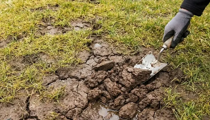 Ręka w rękawiczce używa łopatki do spulchniania mokrej, spękanej gleby obok trawy.