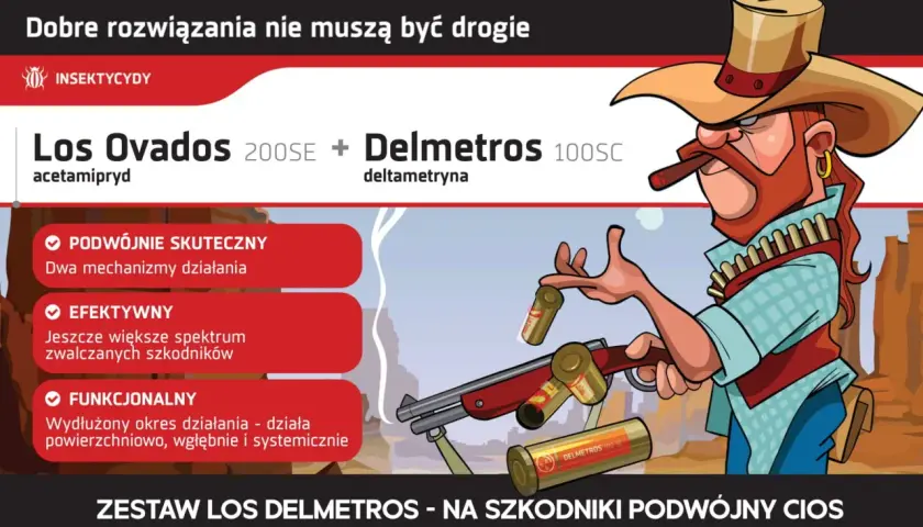 Kowboj z cygarem ładuje broń amunicją z napisem Delmetros. Zestaw Los Ovados i Delmetros to podwójny cios dla szkodników.