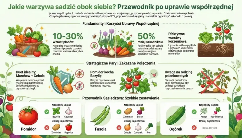 Przewodnik po uprawie współrzędnej: jakie warzywa sadzić obok siebie, by zwiększyć plony i ograniczyć szkodniki. Pomidor z bazylią to dobry duet.