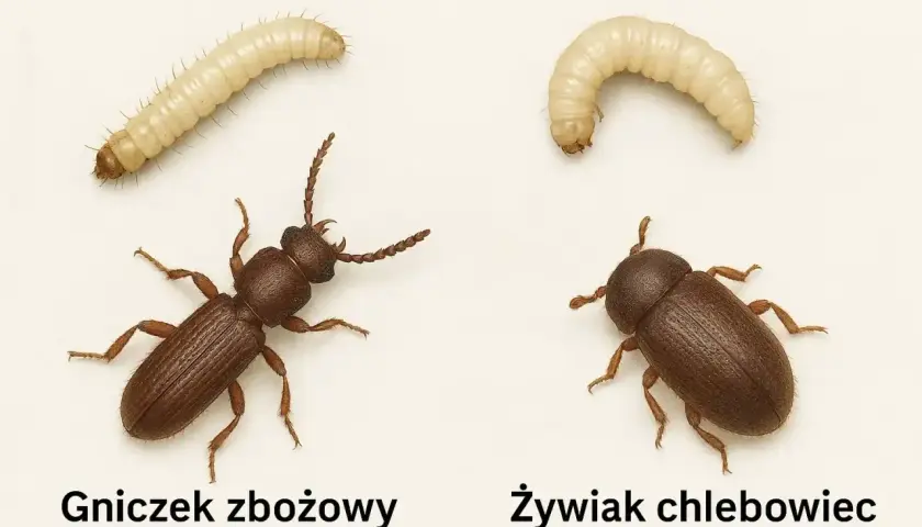 Małe robaczki: gniczek zbożowy i żywiak chlebowiec, oba w formie larwy i dorosłej.