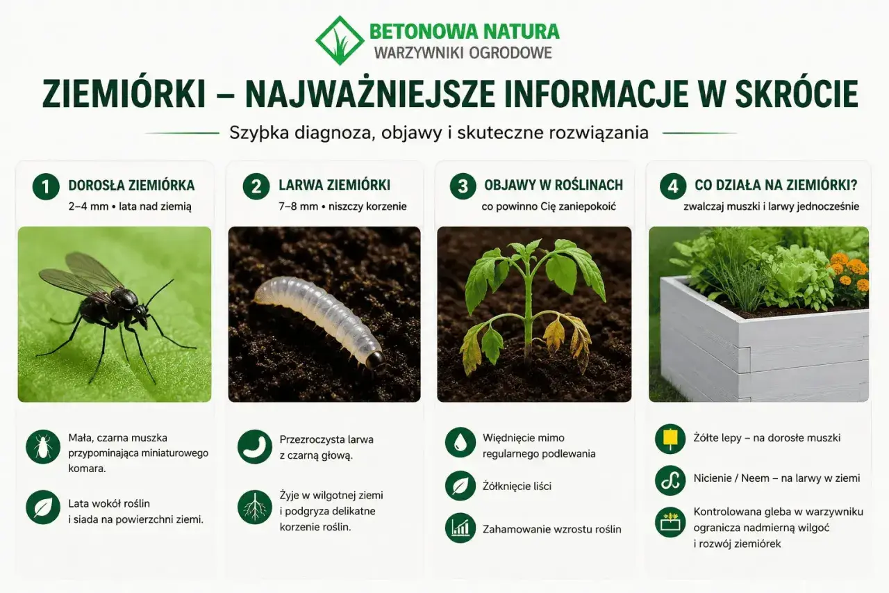 Dorosła ziemiórka i jej larwa, objawy w roślinach i metody zwalczania. Nicienie/Neem na larwy w ziemi to skuteczne rozwiązanie.