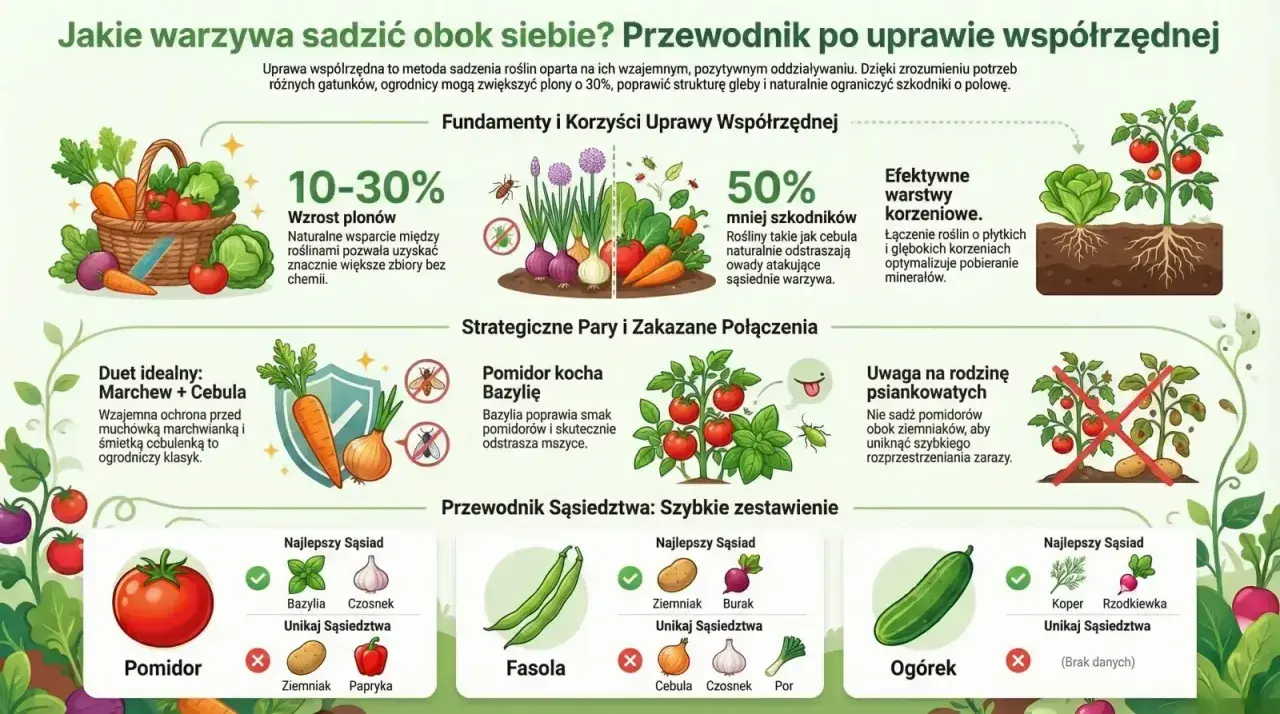 Przewodnik po uprawie współrzędnej: jakie warzywa sadzić obok siebie, by zwiększyć plony i ograniczyć szkodniki. Pomidor z bazylią to dobry duet.