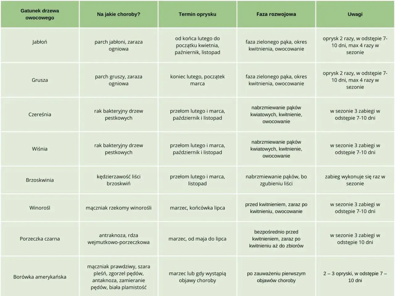Tabela z terminami oprysków miedzianem na choroby drzew owocowych: jabłoni, gruszy, czereśni, wiśni, brzoskwini, winorośli, porzeczki czarnej i borówki amerykańskiej.