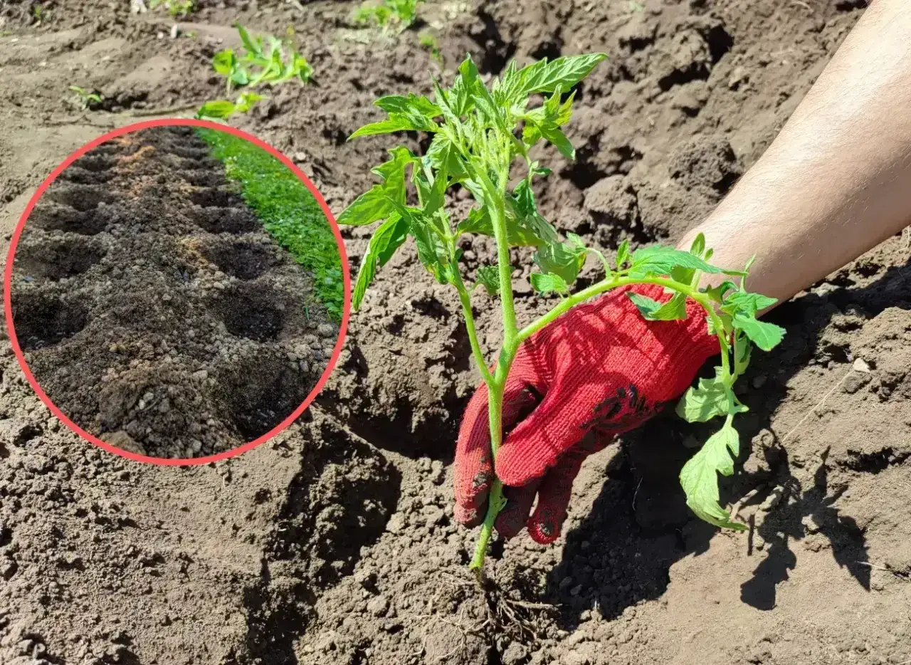 Ręka w czerwonej rękawiczce sadzi młodą sadzonkę pomidora do przygotowanej ziemi. W tle widać rzędy dołków po sadzeniu.