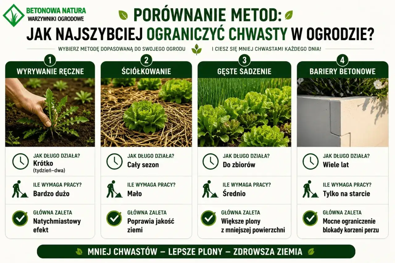 Porównanie metod walki z chwastami: ręczne wyrywanie, ściółkowanie, gęste sadzenie i bariery betonowe. Unikaj herbicydów, wybierz naturalne sposoby.