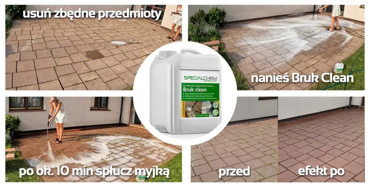 Przedstawiono proces czyszczenia kostki brukowej środkiem Bruk Clean. Efekt po zastosowaniu impregnacji kostki brukowej jest widoczny.