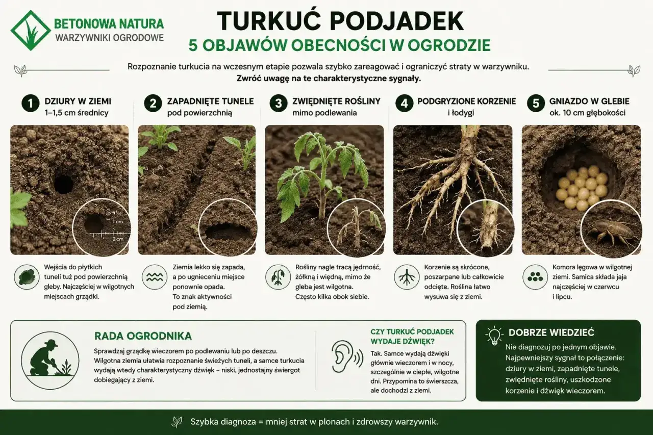 Dziury w ziemi, zapadnięte tunele, zwiędnięte rośliny, uszkodzone korzenie i wieczorny świergot to sygnały, czego nie lubi turkuć podjadek.
