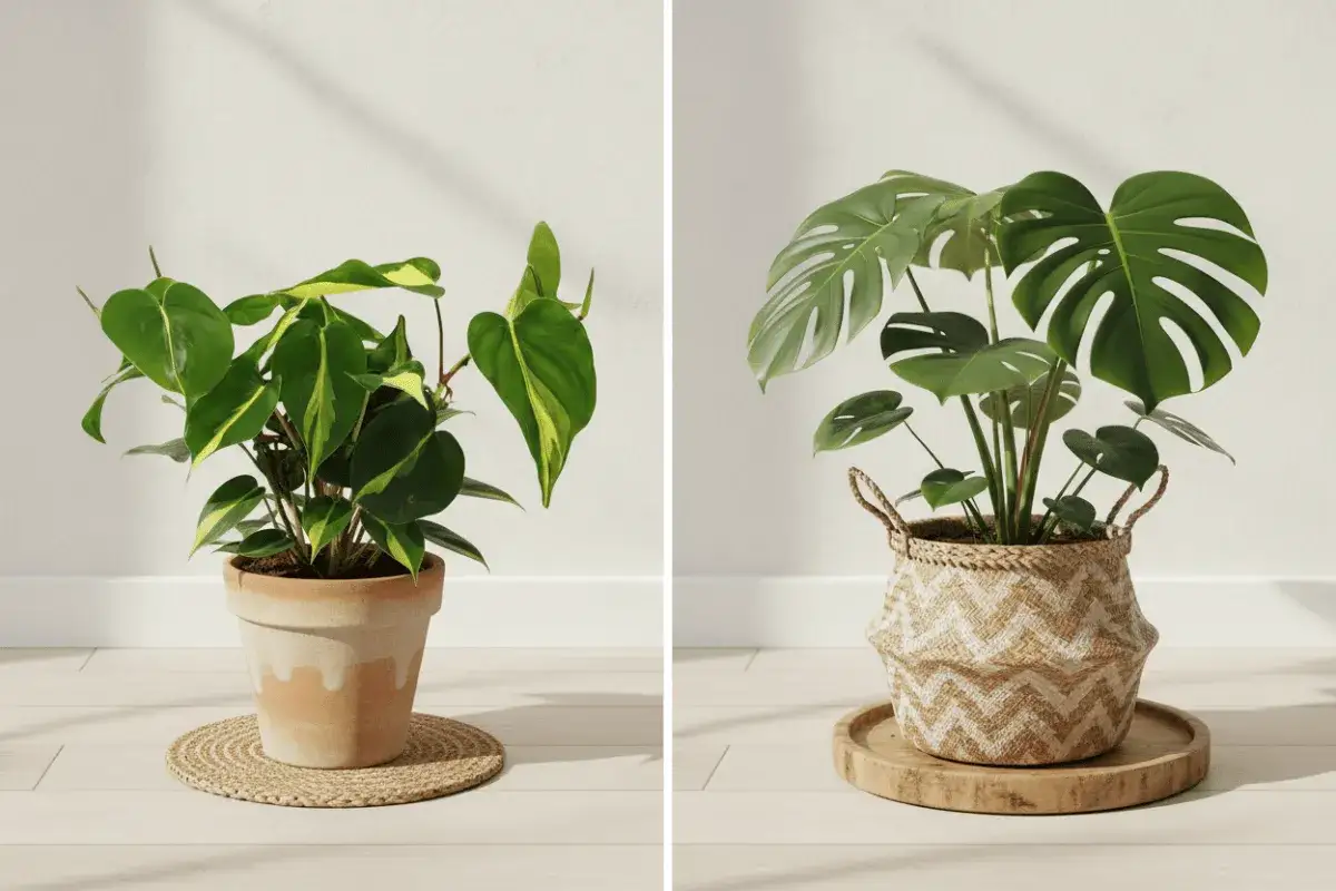 Dwa zielone kwiaty w doniczkach: po lewej filodendron z liśćmi w zielono-żółte pasy, po prawej monstera deliciosa.